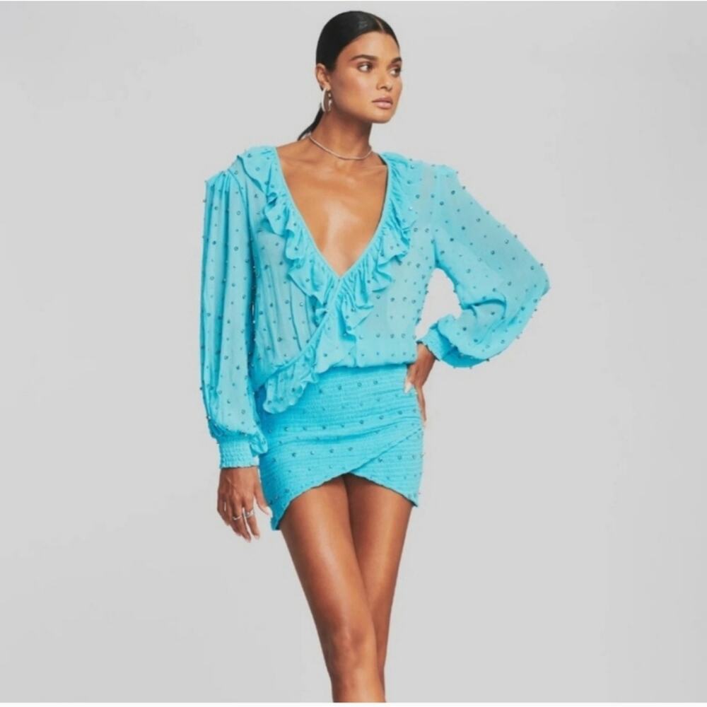 Retrofete Lennon Embellished Silk Chiffon Dress in Blue Size Medium NWT V Neck